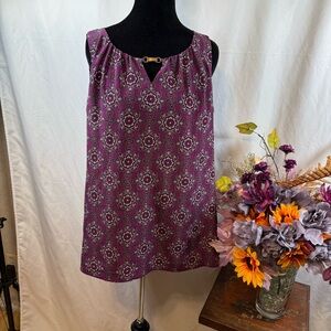 Dana Buchman Purple Medallion Print Sleeveless Blouse Gold Bar Neck M